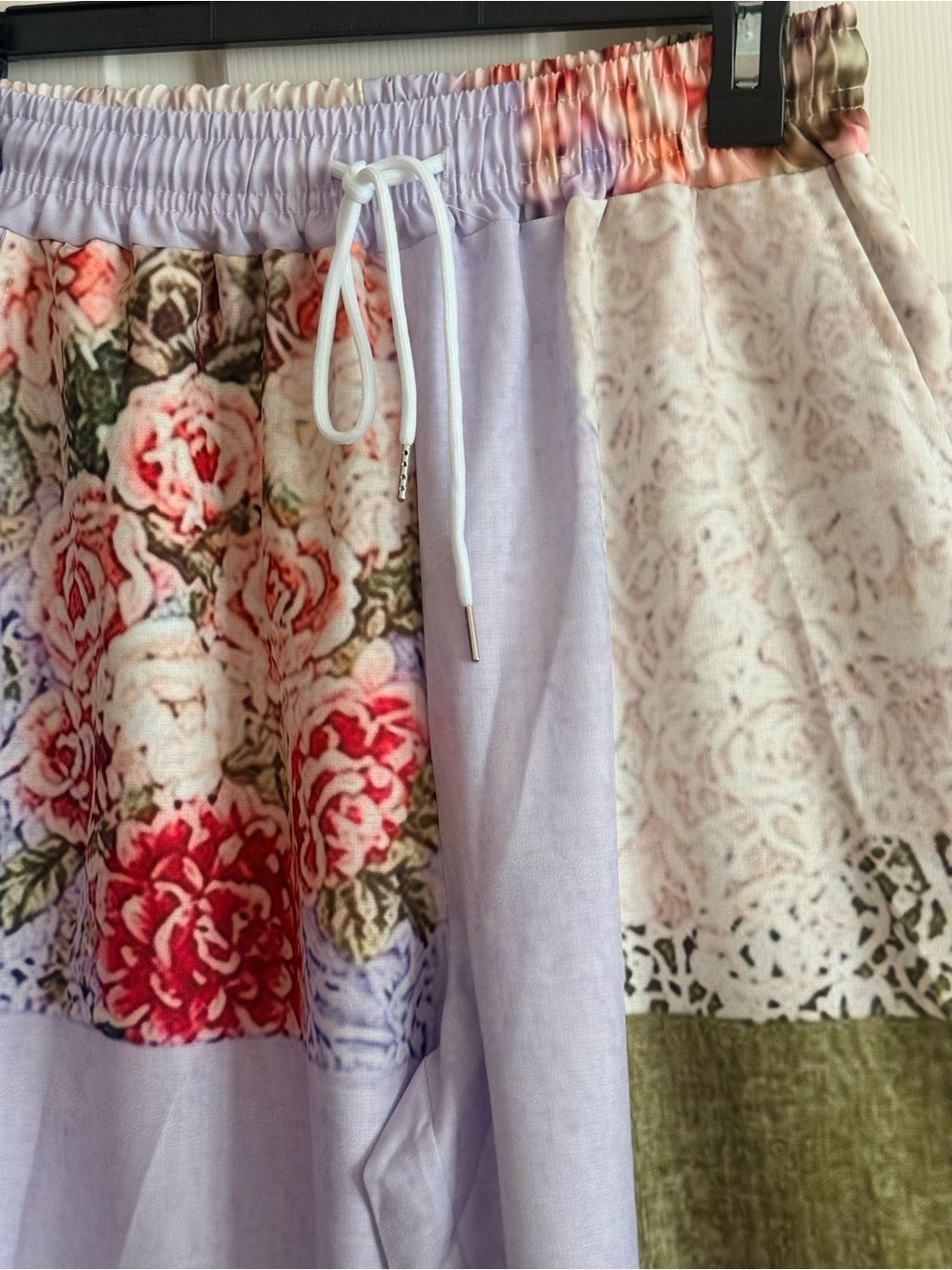 Patchwork Floral Wide-Leg Pants Slacks Lavender & Olive - Picture 6 of 8